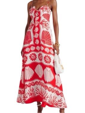 Calypso St. Barth White & Orange Seashell Print Linen Maxi Dress XS Like New